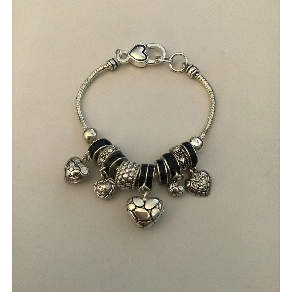Silver Textured & Black Enamel Dangling Hearts Euro Bead Charm Bracelet
